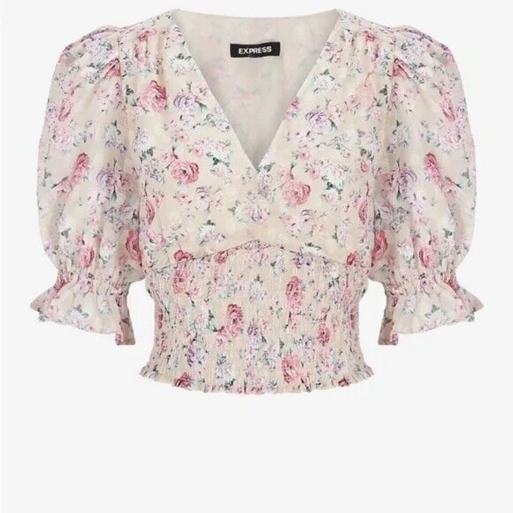 Express Floral Puff Sleeve Smocked V-Neck Cropped Top Coquette Cottagecore SM